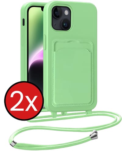 Hoesje Geschikt voor iPhone 13 Hoesje Met Telefoonkoord en Pasjeshouder Siliconen - Hoes Geschikt voor iPhone 13 Hoesje Met Kaarthouder Case - Groen - 2 PACK