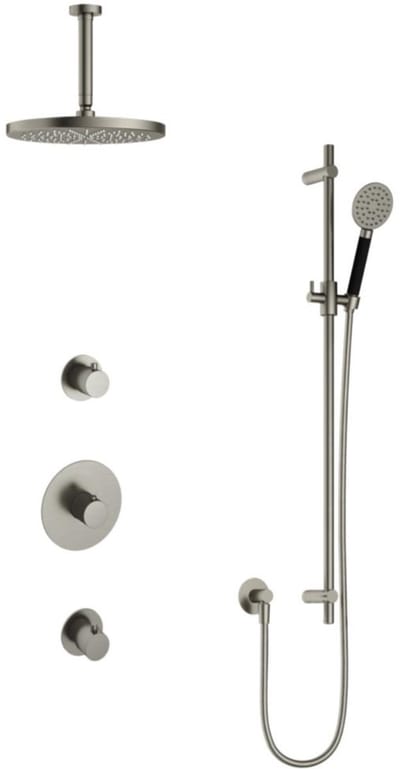 Hotbath Cobber - Inbouw Regendoucheset - Geborsteld Nikkel - 2 Stopkranen - Thermostatisch - Plafondbuis 15 cm - Hoofddouche 300 mm - Ronde Handdouche 3 Standen - Glijstang 900 mm - Waterbesparend