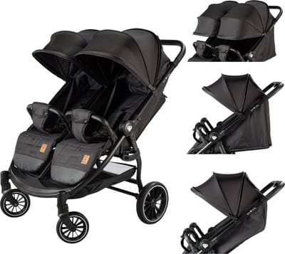 Born Lucky Ranger Duo Buggy Kinderwagen Tweeling Buggy Inklapbaar Lichtgewicht Dubbele Buggy Met Verstelbare Rugleuning en Zwenkwielen – Zwart