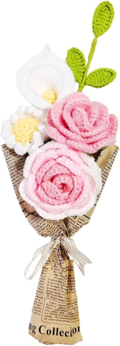 Handgebreide Bloemen - Haakboeket Kunstbloemen - Woondecoratie Bureau - Met De Hand Gebreid - 40x15x40cm - Roze
