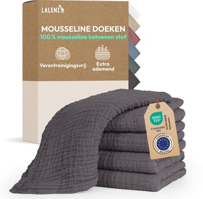 Laleni Hydrofiele Doeken - 100% Katoen - Mousseline - 70x70cm - Antraciet - Set van 5