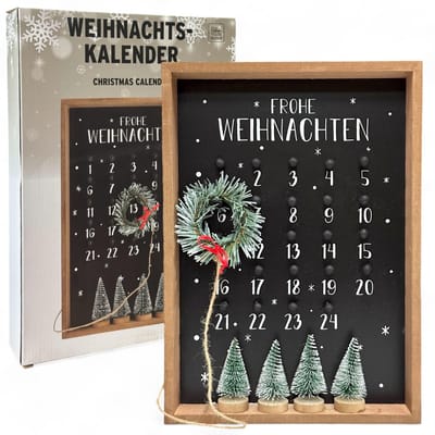Dailygoods- Adventskalender 2025 - Aftelkalender met Krans - Houten Lijst - Herbruikbaar - 25 x 35 x 4 cm - Duurzaam MDF-hout