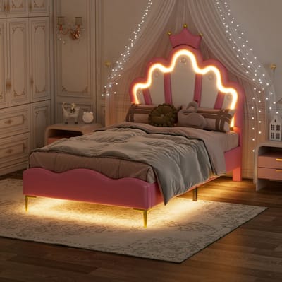 MEUNIQ Prinsessenbed 90x200 cm met kroonvormig hoofdeinde, LED-verlichting, verstelbare bedhoogte, kunstleren bedframe met lattenbodem voor slaapkamer of kinderkamer, roze