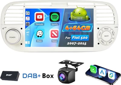 ESSGOO Carplay DAB Autoradio voor Fiat 500 Wit | 2007 t/m 2015 | Android 15 | Draadloos Apple Carplay & Android Auto | 4GB + 64GB | 2007 2008 2009 2010 2011 2012 2013 2014 2015 | Bluetooth, GPS & Wifi | Achteruitrijcamera