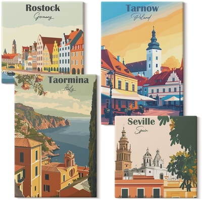 Wallfluent Set van canvas schilderijen - Uitzichten op kuststeden en hun architectuur Canvas Schilderijen Set - Set van 4 Canvas Schilderijen - Veelkleurig Set van Canvas Prints - Steden Canvas Kunst Set - Boheemse Canvas Kunst Set