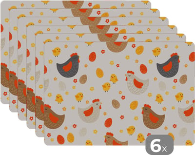Placemat - Placemats kunststof - Kip - Eieren - Patroon - 45x30 cm - 6 stuks - Hittebestendig - Anti-Slip - Onderlegger - Afneembaar