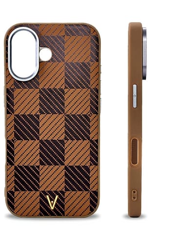 VOWLUX Compatible iPhone 17 Hoesje – Luxe Kunstleer Back cover met Geëlectroplateerde Aluminium Camera-Uitsparing | Bruin Monogram Design | Diervrij & Stootvast