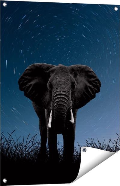 Gards Tuinposter Olifant Omringd met Sterren - 60x80 cm - Tuindoek - Tuindecoratie - Wanddecoratie buiten - Tuinschilderij
