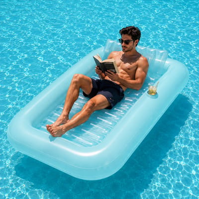 PolkaHome Loungebed Drijvend Zwembad Luchtbed XL Opblaasbaar Zonnebed met Neksteun en Drankhouder 205 x 140 x 25 cm Blauw