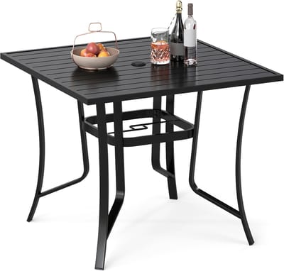 KOMFOTTEU Tuintafel, Buitentafel met Parasolgat van 4-6 cm, Vierkante Metalen Eettafel, Balkontafel met Antislip Voetjes, Terrastafel/Bijzettafel voor Terras & Tuin, 91x91x73 cm
