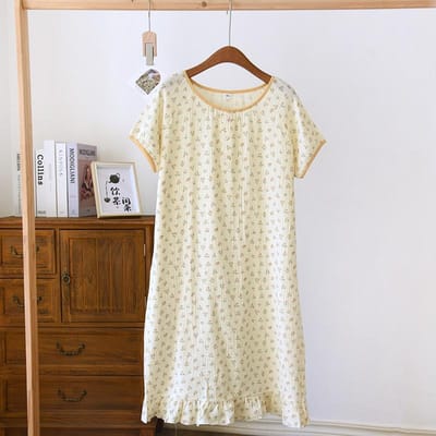 Nieuwe Zomer Dames Slaapjurk 100% Katoen Crêpe Korte Mouw Grote Maat Losse Rok Schattig Dun Huisjurk Nachthemd XL beige
