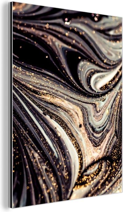 Wanddecoratie Metaal - Aluminium Schilderij Industrieel - Marmerlook - Zwart - Goud - Wit - Glitter - Marmer - 60x80 cm - Dibond - Foto op aluminium - Industriële muurdecoratie - Voor de woonkamer/slaapkamer