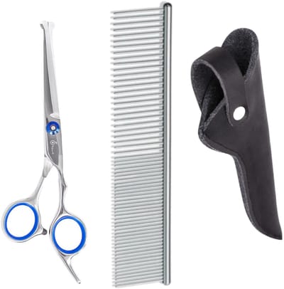 Professor Q – Uitdunschaar / Contourschaar – Professionele Hondenschaar – Voor Vachtverzorging & Trimmen met Luxe Lederen Etui – 16,5 cm – Zwart + Anti-Klit Kam – Pijnloos & Huisdiervriendelijk
