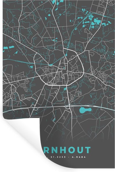 Muurstickers - Sticker Folie - België – Turnhout – Stadskaart – Kaart – Blauw – Plattegrond - 40x60 cm - Plakfolie - Muurstickers Kinderkamer - Zelfklevend Behang - Zelfklevend behangpapier - Stickerfolie