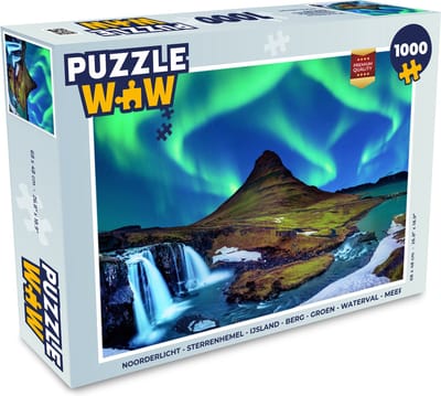 Puzzel Noorderlicht - Sterrenhemel - IJsland - Berg - Groen - Waterval - Meer - Legpuzzel - Puzzel 1000 stukjes volwassenen