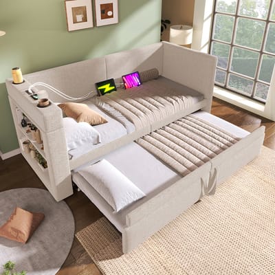 Pugsdrly - Gepolsterde Serie - Eénpersoons slaapbank - 90x200 cm - Met uitschuifbaar bed & oplaadpoorten - Linnenmix, beige