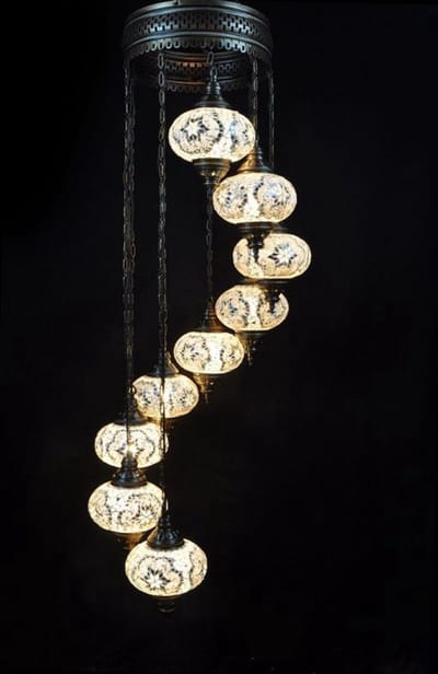 Oosterse hanglamp mozaïek wit 9 bollen kroonluchter plafondlamp