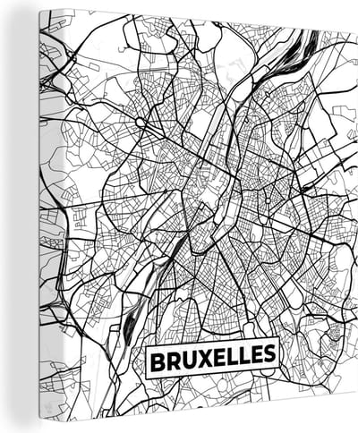 Canvas Schilderij Stadskaart – Zwart Wit - Kaart – Bruxelles – België – Plattegrond - 20x20 cm - Wanddecoratie