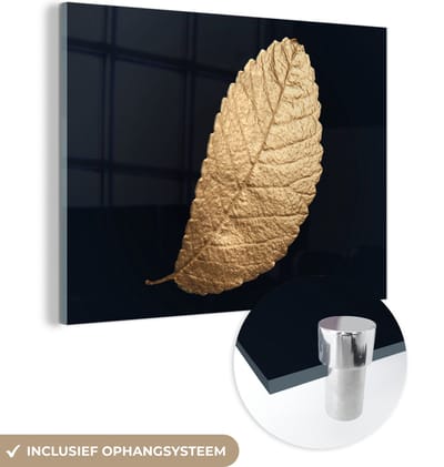 MuchoWow® Glasschilderij 160x120 cm - Schilderij acrylglas - Goud - Bladeren - Zwart - Planten - Luxe - Natuur - Foto op glas - Schilderijen