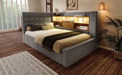 Wishdor – Eenpersoonsbed 90x200 cm – L‑Vormig Hoofdbord & LED 60.000+ Kleuren – USB‑C Snellader – Hydraulische Opbergruimte – Matras inbegrepen – Linnen Grijs