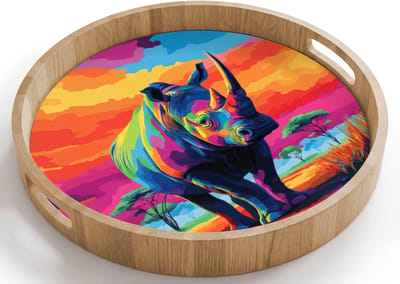 Dienblad rond 40x40 cm - Schootdienblad hout - Neushoorn - Zonsondergang - Savanna - Kleurrijk - Borrelplank rechthoek - Plateau houten dienbladen