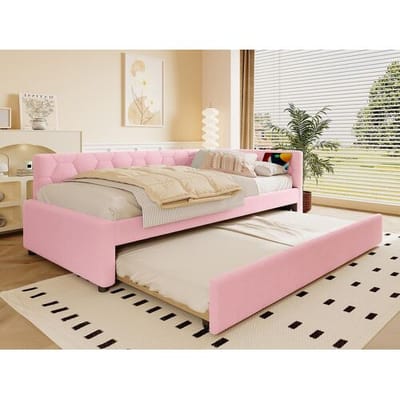 ModernLuxe Slaapbank 90×200 cm - met opbergbed - met USB-poort + Type-C - roze (zonder matras)