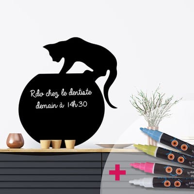 Schoolbordsticker - uitwisbare zelfklevende muurstickers - KITTEN IN HET AQUARIUM + 4 VLOEIBARE KRIJTJES - 120x105cm