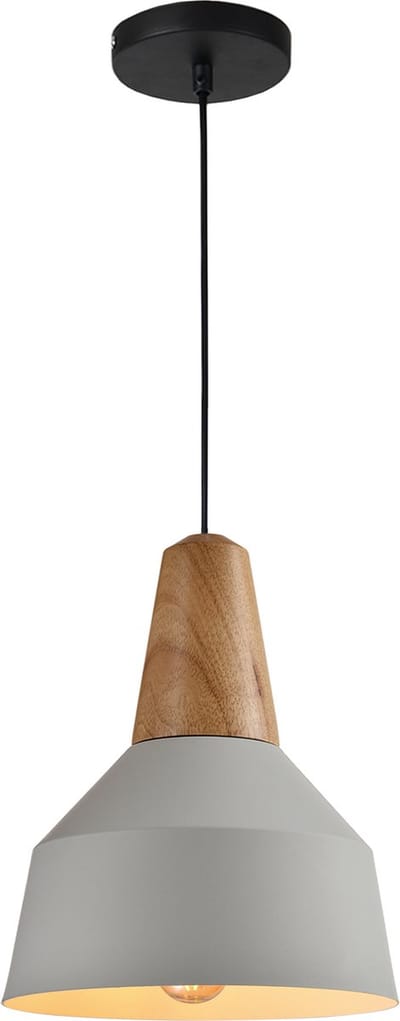 QUVIO Hanglamp scandinavisch / Plafondlamp / Sfeerlamp / Leeslamp / Eettafellamp / Verlichting / Slaapkamer lamp / Slaapkamer verlichting / Keukenverlichting / Keukenlamp - Metaal en houten kop - Diameter 23 cm - Grijs en bruin