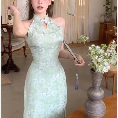 Nieuwe Chinese Stijl Koel Groen en Verbeterd Cheongsam Sexy Zomer Nieuwe Dames Halternek Jurk voor Dames XL white