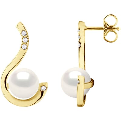 Oorbellen Prestige - Diamanten 0,08 Cts - Kwaliteit HSI - Wit Goud - Echte Gecultiveerde Zoetwaterparels Rond 7-8 mm