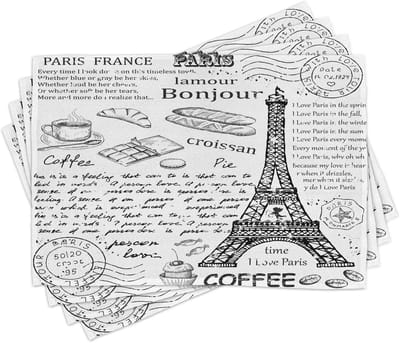 New Bed Zwart Wit Bonjour Croissan Koffie Set van 4 Placemat voor Eettafel, Wasbare Stof met Antislip Achterkant