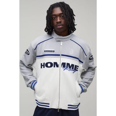 Boxy Fit Biker Neck Colour Block Moto Jersey Jacket | Grey | Size Medium