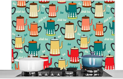Spatscherm keuken 120x80 cm - Kookplaat achterwand Patronen - Thee - Theepot - Vintage - Muurbeschermer - Spatwand fornuis - Hoogwaardig aluminium