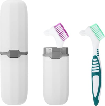 Denture reinigingsborstels, set van 2, dubbele tandenborstel met zachte borstelharen en draagbare opbergdoos voor gebitsprotheses en mondverzorging
