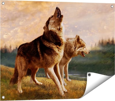 Gards Tuinposter Twee Wolven op het Gras - 80x60 cm - Tuindoek - Tuindecoratie - Wanddecoratie buiten - Tuinschilderij