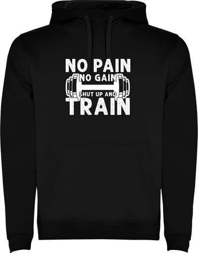 Zwarte unisex hoodie met “ Kleurrijke No Pain No Pain shut Up and Train – Bodybuilden – Dumbell - Sport – Zet Door – Niet opgeven “ Print Full Color merk Roly maat XXL