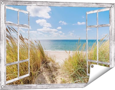 Gards Tuinposter Doorkijk Strand en Zee vanuit Duinen - 90x60 cm - Tuindoek - Tuindecoratie - Wanddecoratie buiten - Tuinschilderij