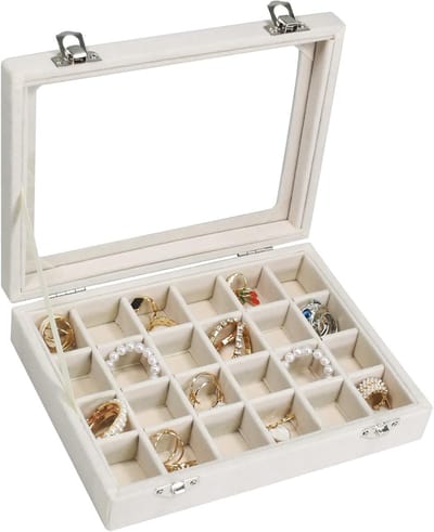 Sieradendoos - Juwelendoos - Sieradenbox met 24 Vakjes – Glazen Deksel – Fluweel – Voor Ringen, Oorbellen, Kettingen – Opberg- & Reiskoffer – Luxe Uitstraling– 35x24x4 cm – Wit