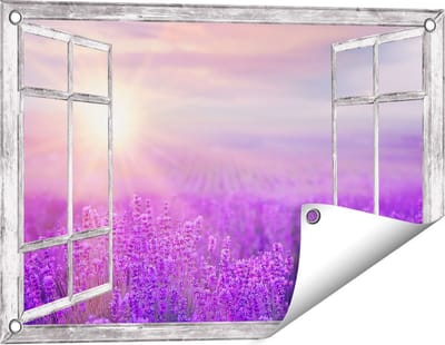 Gards Tuinposter Doorkijk Bloemenveld met Paarse Lavendel - 60x40 cm - Tuindoek - Tuindecoratie - Wanddecoratie buiten - Tuinschilderij