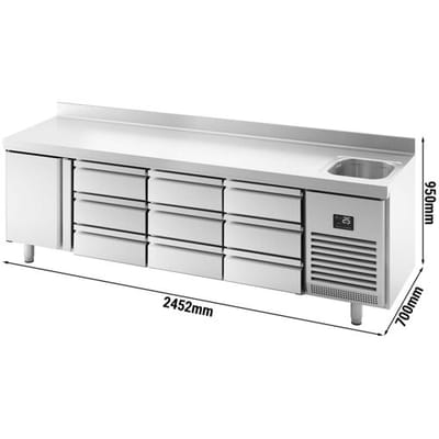 GGM Gastro Kühltisch Premium PLUS - 2452x700mm - mit 1 Becken, 1 Tür, 9 Schubladen - Aufkantung