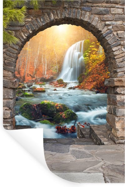 Muurstickers - Sticker Folie - Doorkijk - Waterval - Herfst - Landschap - 20x30 cm - Plakfolie - Muurstickers Kinderkamer - Zelfklevend Behang - Zelfklevend behangpapier - Stickerfolie