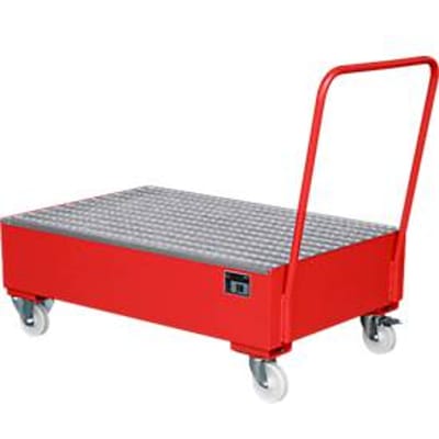 Stalen lekbak met wielen + greep, 1200 x 800 mm, rood RAL 3000