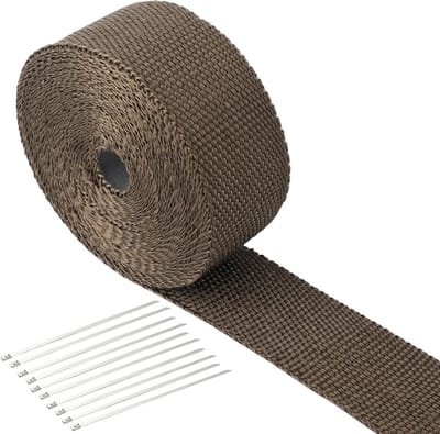 Hittewerende tape voor uitlaat, 5 cm x 10 m, hittebestendig tot 1200 °C, ideaal voor motor- en auto-uitlaatspruitstukken, inclusief 10 roestvrijstalen kabelbinders en titanium kleuren