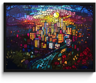 Poster in lijst - Fotolijst 70x50 cm - Posters - Stad - Maan - Mozaïek - Kleurrijk - Posterlijst zwart - Decoratie - Wanddecoratie woonkamer - Muurdecoratie slaapkamer