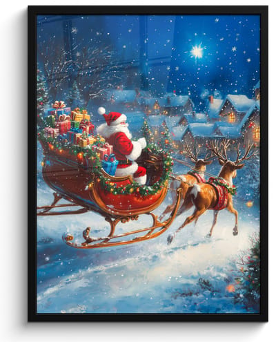Poster in lijst - Fotolijst 50x70 cm - Posters - Kerstman - Rendier - Kerst - Sneeuw - Posterlijst zwart - Decoratie - Wanddecoratie woonkamer - Kerstdecoratie voor binnen - Kerstversiering - Kerstmis versiering in huis - Kerstaccessoires