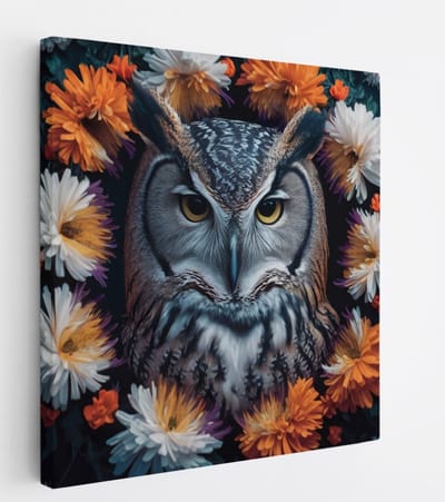 Saammp Canvas Schilderij - Uil tussen de bloemen - Abstract - Dieren - 20x20 - Foto op canvas - Wanddecoratie - muurdecoratie Woonkamer - Slaapkamer decoratie - Canvas Print