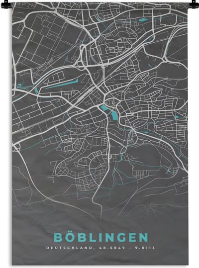 Wandkleed - Wanddoek - Stadskaart – Plattegrond – Duitsland – Blauw – Böblingen – Kaart - 120x180 cm - Wandtapijt