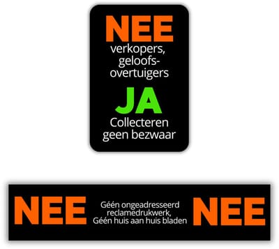 Nee Nee Brievenbus Sticker + Geen Verkopers/Ja Collecteren Sticker - Complete Voordeur Set van 2 stuks - UV en Waterproof - 14x3cm en 5x7.5cm