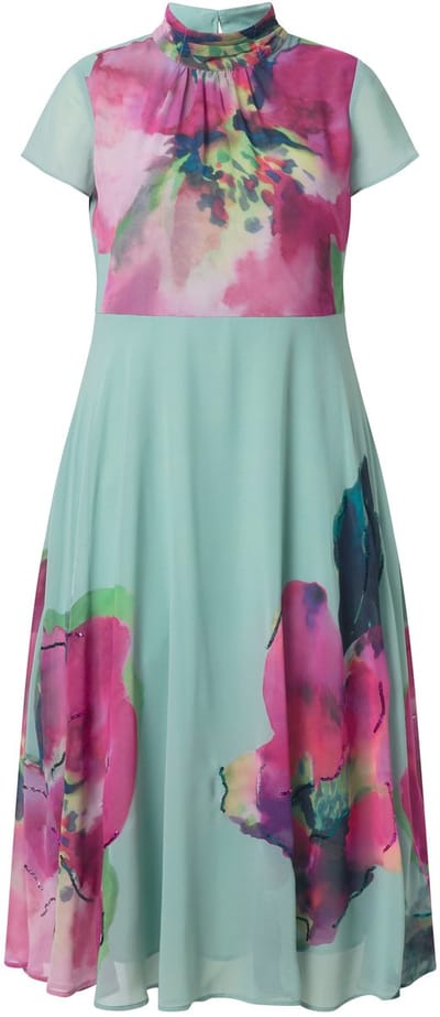 Ulla Popken - Dames - Maxi-jurk bloemen pailletten opstaande kraag mouwloos - Bes - Maat 48