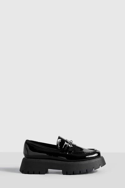 boohoo Dames Wide Fit Platform Chunky Sole T Bar Loafers | Black | Maat: 5